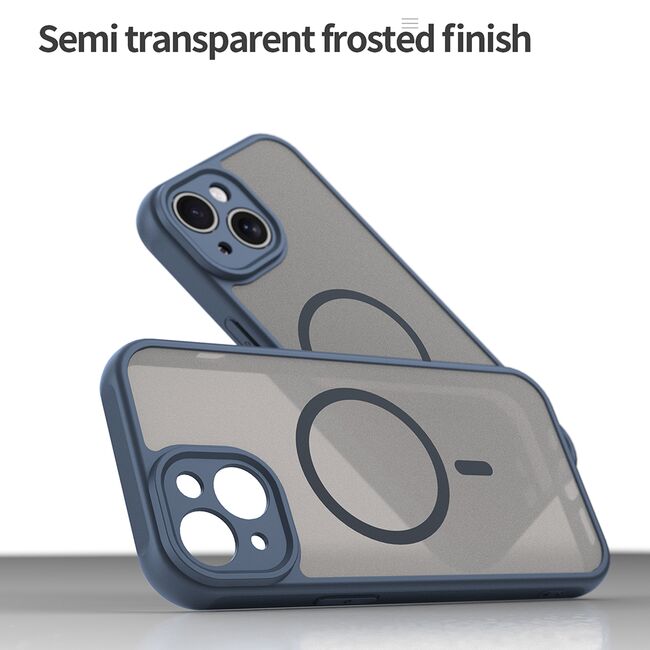 Husa pentru  iPhone 15 Plus cu protectie pentru lentile si MagSafe EasyCharge, Ghost Series Anti-ingalbenire, frosted - Albastru