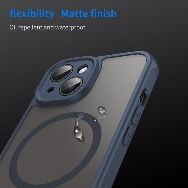 Husa pentru  iPhone 15 Plus cu protectie pentru lentile si MagSafe EasyCharge, Ghost Series Anti-ingalbenire, frosted - Albastru