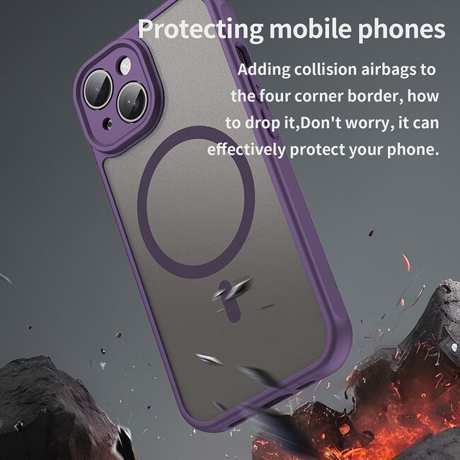 Husa pentru  iPhone 15 Plus cu protectie pentru lentile si MagSafe EasyCharge, Ghost Series Anti-ingalbenire, frosted - Mov