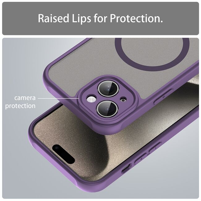 Husa pentru  iPhone 15 Plus cu protectie pentru lentile si MagSafe EasyCharge, Ghost Series Anti-ingalbenire, frosted - Mov