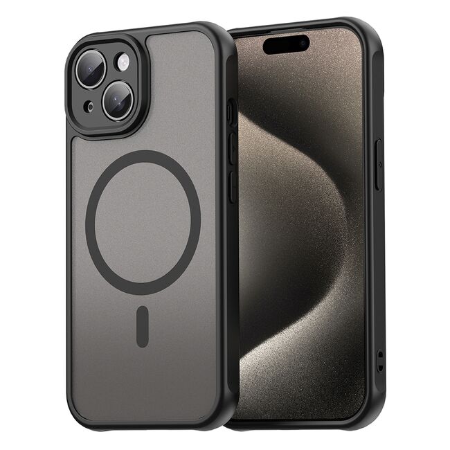 Husa pentru  iPhone 15 Plus cu protectie pentru lentile si MagSafe EasyCharge, Ghost Series Anti-ingalbenire, frosted - Negru