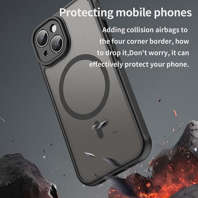 Husa pentru  iPhone 15 Plus cu protectie pentru lentile si MagSafe EasyCharge, Ghost Series Anti-ingalbenire, frosted - Negru
