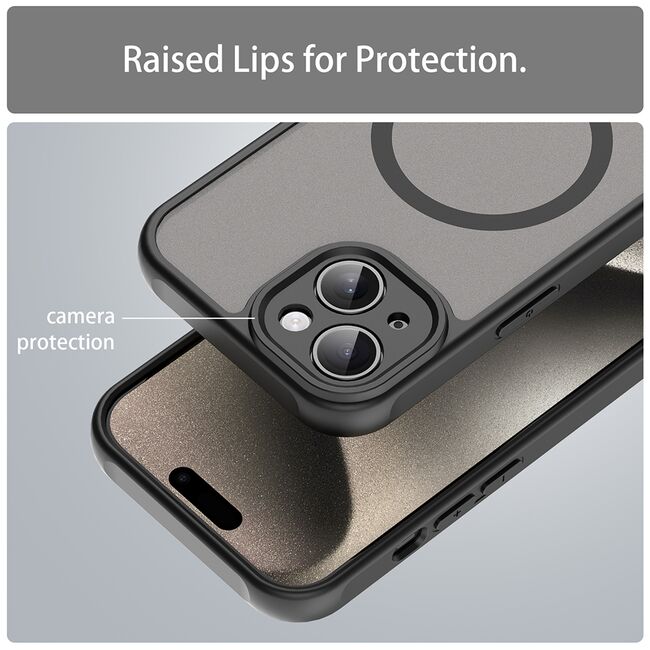 Husa pentru  iPhone 15 Plus cu protectie pentru lentile si MagSafe EasyCharge, Ghost Series Anti-ingalbenire, frosted - Negru