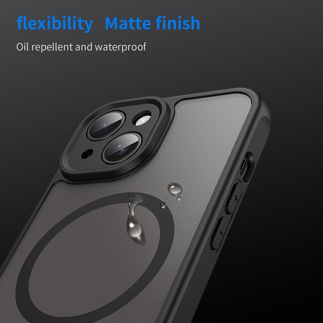 Husa pentru  iPhone 15 Plus cu protectie pentru lentile si MagSafe EasyCharge, Ghost Series Anti-ingalbenire, frosted - Negru