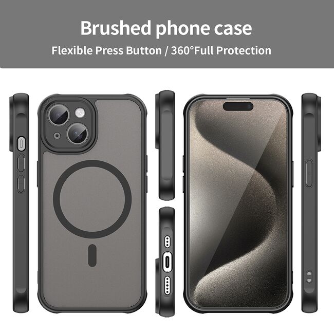 Husa pentru  iPhone 15 Plus cu protectie pentru lentile si MagSafe EasyCharge, Ghost Series Anti-ingalbenire, frosted - Negru