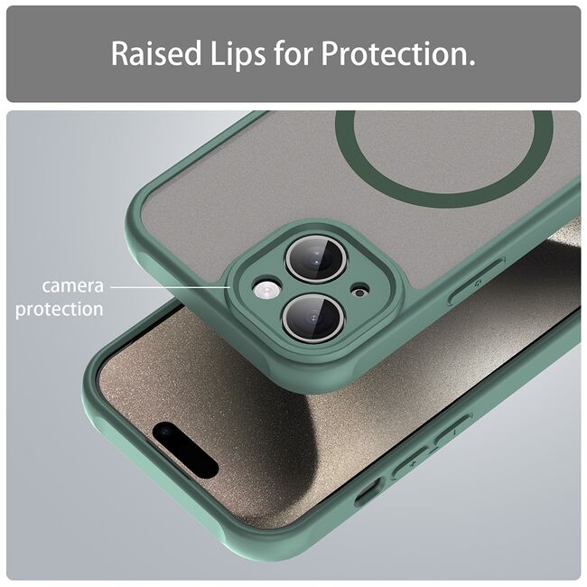 Husa pentru  iPhone 15 Plus cu protectie pentru lentile si MagSafe EasyCharge, Ghost Series Anti-ingalbenire, frosted - Verde