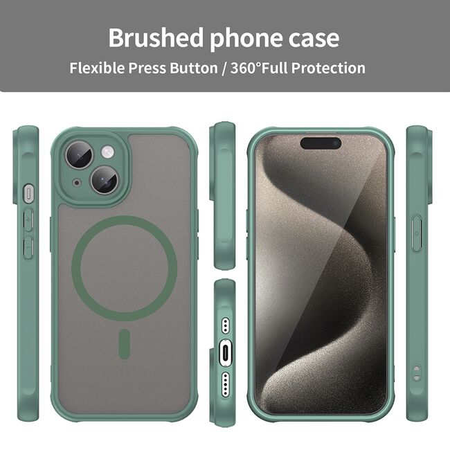 Husa pentru  iPhone 15 Plus cu protectie pentru lentile si MagSafe EasyCharge, Ghost Series Anti-ingalbenire, frosted - Verde