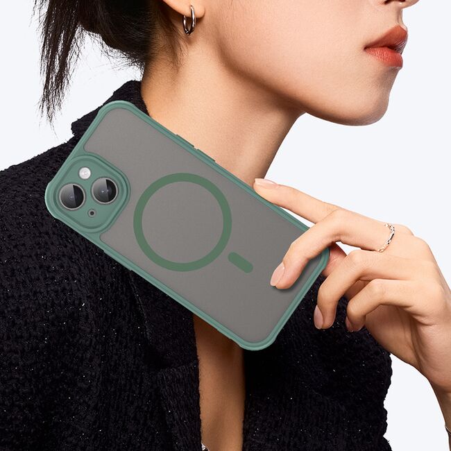 Husa pentru  iPhone 15 Plus cu protectie pentru lentile si MagSafe EasyCharge, Ghost Series Anti-ingalbenire, frosted - Verde