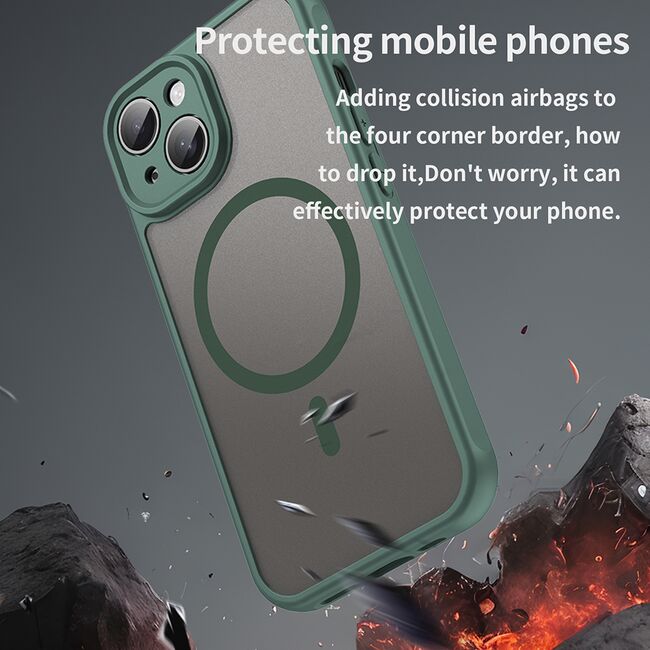 Husa pentru  iPhone 15 Plus cu protectie pentru lentile si MagSafe EasyCharge, Ghost Series Anti-ingalbenire, frosted - Verde