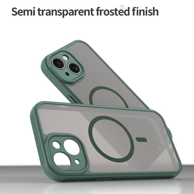 Husa pentru  iPhone 15 Plus cu protectie pentru lentile si MagSafe EasyCharge, Ghost Series Anti-ingalbenire, frosted - Verde