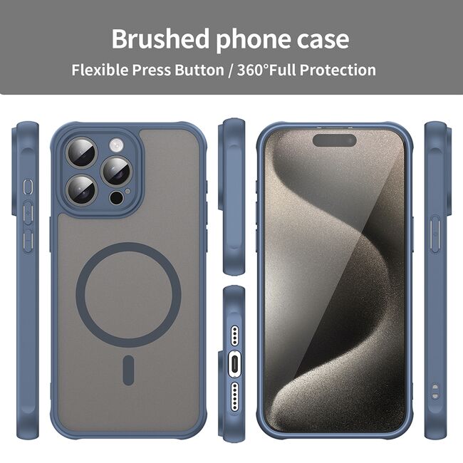 Husa pentru  iPhone 15 Pro Max cu protectie pentru lentile si MagSafe EasyCharge, Ghost Series Anti-ingalbenire, frosted - Albastru