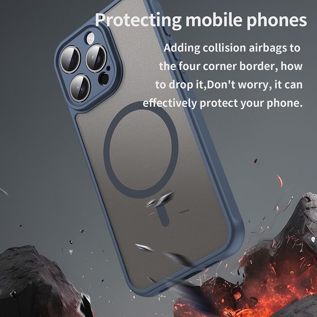 Husa pentru  iPhone 15 Pro Max cu protectie pentru lentile si MagSafe EasyCharge, Ghost Series Anti-ingalbenire, frosted - Albastru
