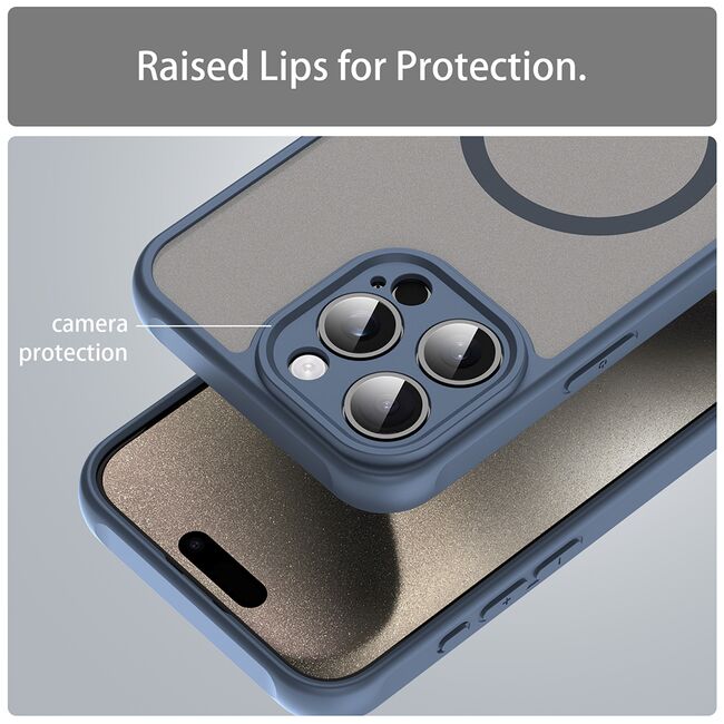 Husa pentru  iPhone 15 Pro Max cu protectie pentru lentile si MagSafe EasyCharge, Ghost Series Anti-ingalbenire, frosted - Albastru