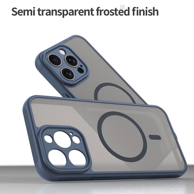 Husa pentru  iPhone 15 Pro Max cu protectie pentru lentile si MagSafe EasyCharge, Ghost Series Anti-ingalbenire, frosted - Albastru