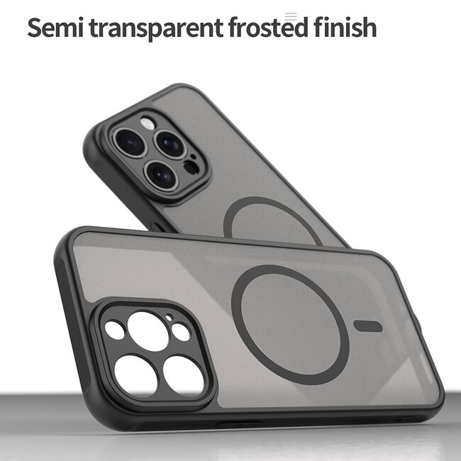 Husa pentru  iPhone 15 Pro Max cu protectie pentru lentile si MagSafe EasyCharge, Ghost Series Anti-ingalbenire, frosted - Negru