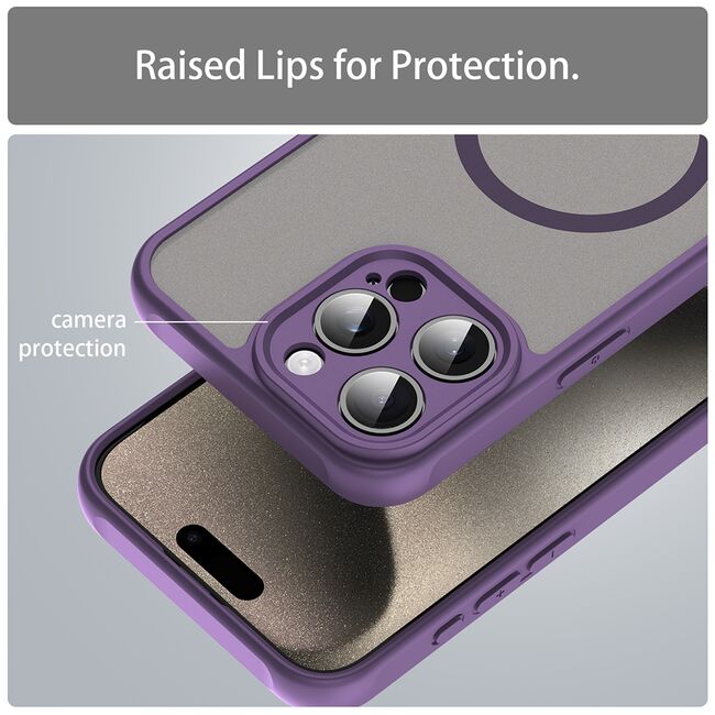 Husa pentru  iPhone 15 Pro cu protectie pentru lentile si MagSafe EasyCharge, Ghost Series Anti-ingalbenire, frosted - Mov
