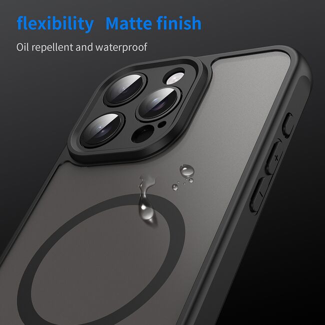 Husa pentru  iPhone 15 Pro cu protectie pentru lentile si MagSafe EasyCharge, Ghost Series Anti-ingalbenire, frosted - Negru