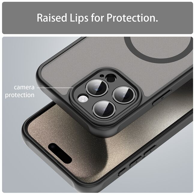 Husa pentru  iPhone 15 Pro cu protectie pentru lentile si MagSafe EasyCharge, Ghost Series Anti-ingalbenire, frosted - Negru