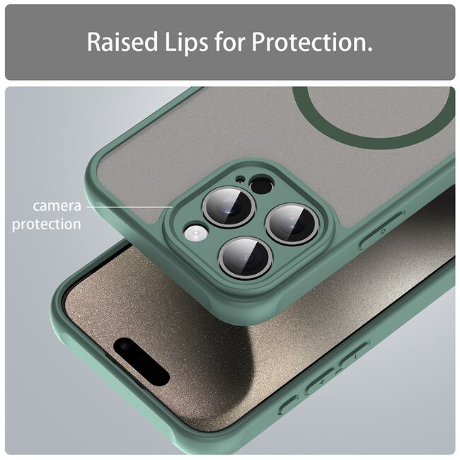 Husa pentru  iPhone 15 Pro cu protectie pentru lentile si MagSafe EasyCharge, Ghost Series Anti-ingalbenire, frosted - Verde