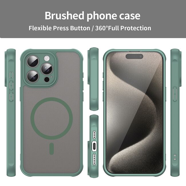 Husa pentru  iPhone 15 Pro cu protectie pentru lentile si MagSafe EasyCharge, Ghost Series Anti-ingalbenire, frosted - Verde