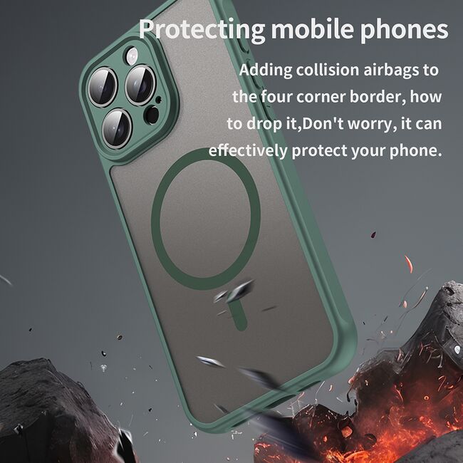 Husa pentru  iPhone 15 Pro cu protectie pentru lentile si MagSafe EasyCharge, Ghost Series Anti-ingalbenire, frosted - Verde