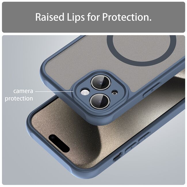 Husa pentru  iPhone 15 cu protectie pentru lentile si MagSafe EasyCharge, Ghost Series Anti-ingalbenire, frosted - Albastru