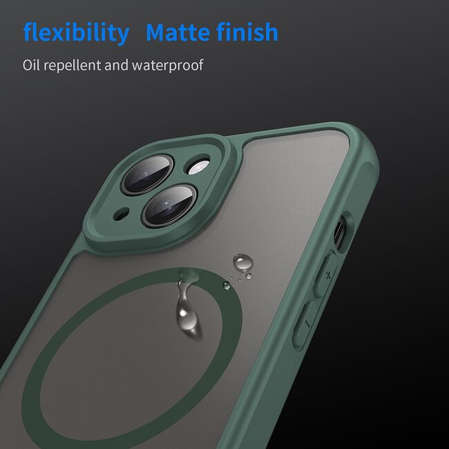 Husa pentru  iPhone 15 cu protectie pentru lentile si MagSafe EasyCharge, Ghost Series Anti-ingalbenire, frosted - Verde