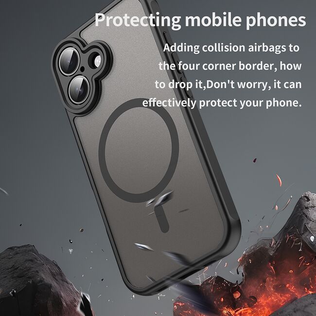 Husa pentru  iPhone 16 Plus cu protectie pentru lentile si MagSafe EasyCharge, Ghost Series Anti-ingalbenire, frosted - Negru