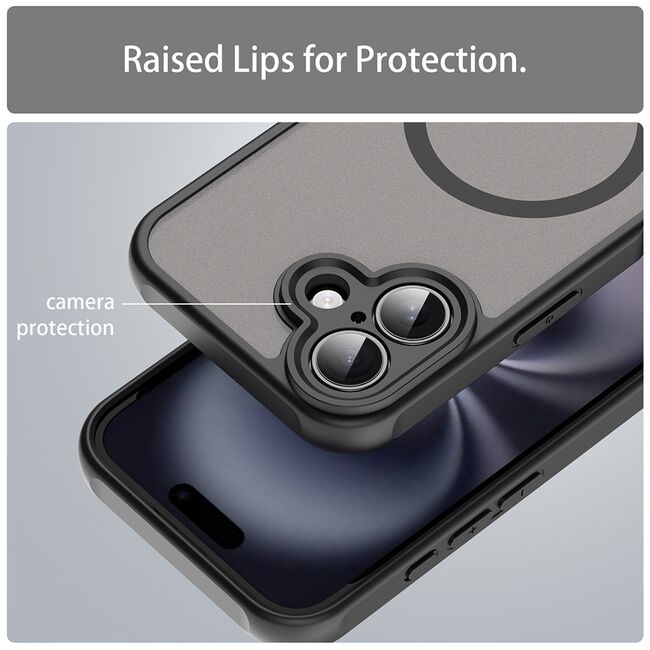 Husa pentru  iPhone 16 Plus cu protectie pentru lentile si MagSafe EasyCharge, Ghost Series Anti-ingalbenire, frosted - Negru