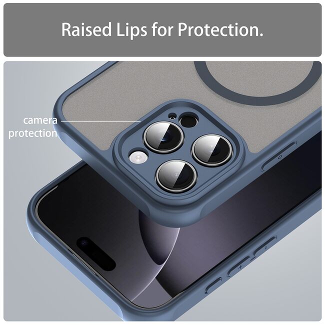 Husa pentru  iPhone 16 Pro Max cu protectie pentru lentile si MagSafe EasyCharge, Ghost Series Anti-ingalbenire, frosted - Albastru