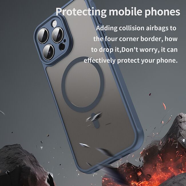 Husa pentru  iPhone 16 Pro Max cu protectie pentru lentile si MagSafe EasyCharge, Ghost Series Anti-ingalbenire, frosted - Albastru