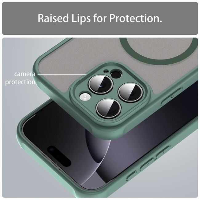 Husa pentru  iPhone 16 Pro Max cu protectie pentru lentile si MagSafe EasyCharge, Ghost Series Anti-ingalbenire, frosted - Verde