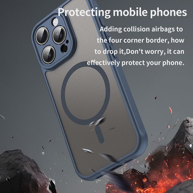Husa pentru  iPhone 16 Pro cu protectie pentru lentile si MagSafe EasyCharge, Ghost Series Anti-ingalbenire, frosted - Albastru