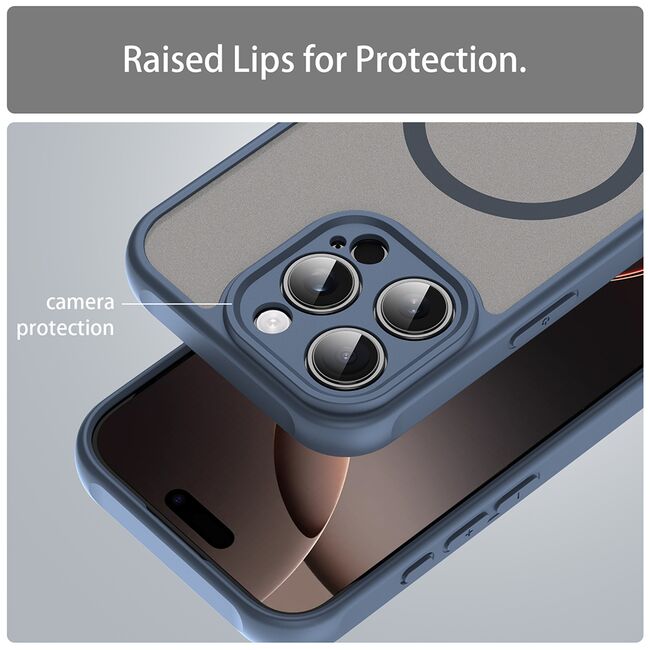 Husa pentru  iPhone 16 Pro cu protectie pentru lentile si MagSafe EasyCharge, Ghost Series Anti-ingalbenire, frosted - Albastru
