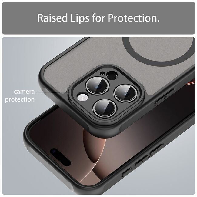 Husa pentru  iPhone 16 Pro cu protectie pentru lentile si MagSafe EasyCharge, Ghost Series Anti-ingalbenire, frosted - Negru