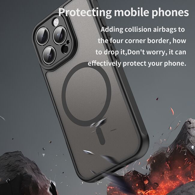 Husa pentru  iPhone 16 Pro cu protectie pentru lentile si MagSafe EasyCharge, Ghost Series Anti-ingalbenire, frosted - Negru