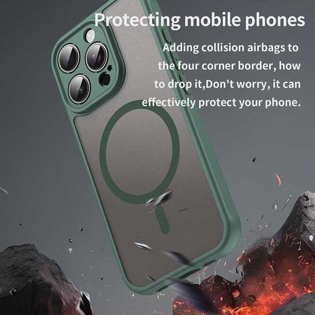 Husa pentru  iPhone 16 Pro cu protectie pentru lentile si MagSafe EasyCharge, Ghost Series Anti-ingalbenire, frosted - Verde