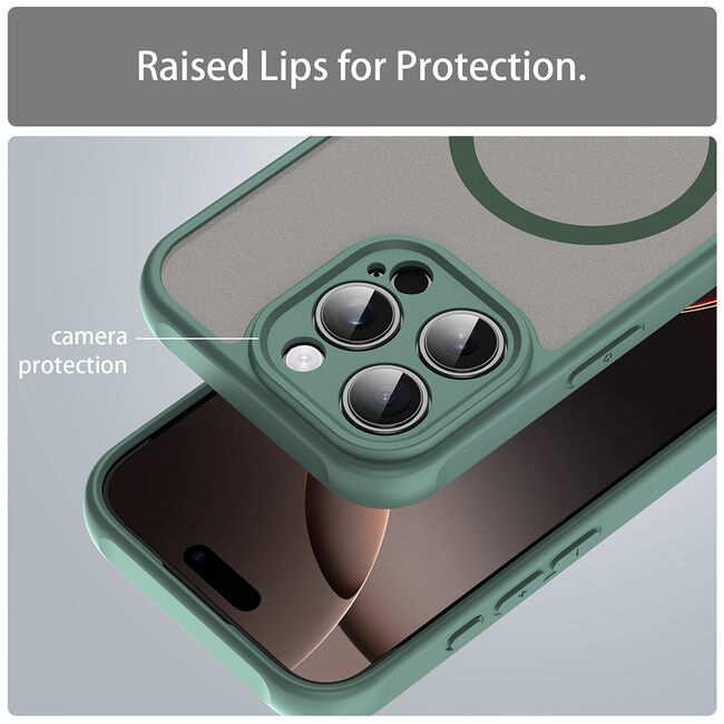 Husa pentru  iPhone 16 Pro cu protectie pentru lentile si MagSafe EasyCharge, Ghost Series Anti-ingalbenire, frosted - Verde