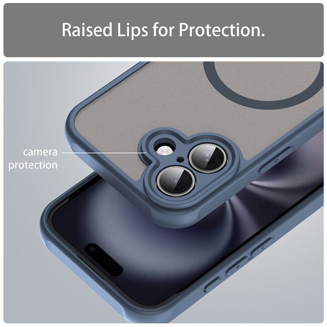 Husa pentru  iPhone 16 cu protectie pentru lentile si MagSafe EasyCharge, Ghost Series Anti-ingalbenire, frosted - Albastru