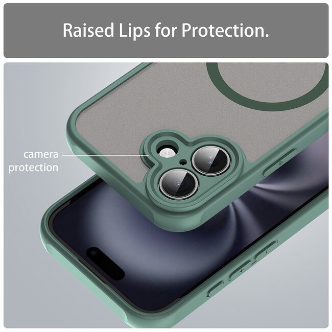 Husa pentru  iPhone 16 cu protectie pentru lentile si MagSafe EasyCharge, Ghost Series Anti-ingalbenire, frosted - Verde