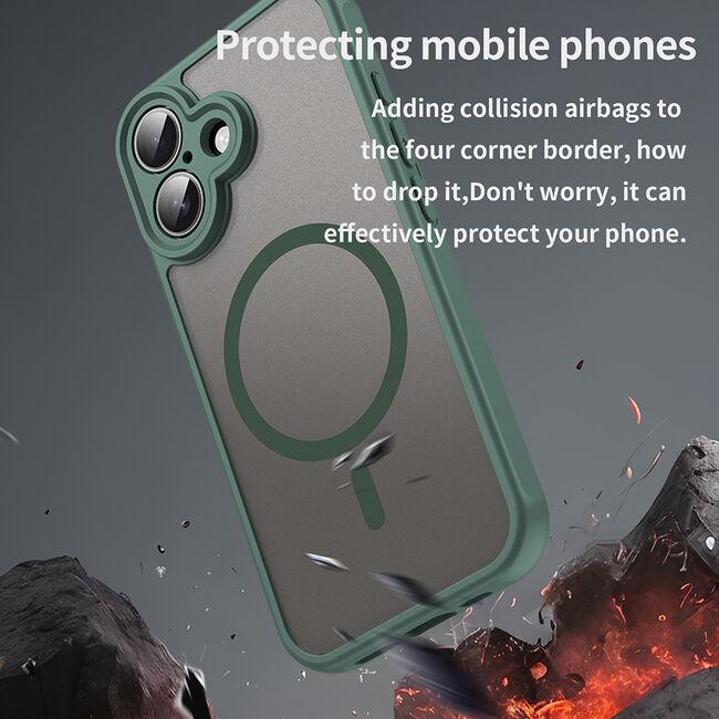 Husa pentru  iPhone 16 cu protectie pentru lentile si MagSafe EasyCharge, Ghost Series Anti-ingalbenire, frosted - Verde