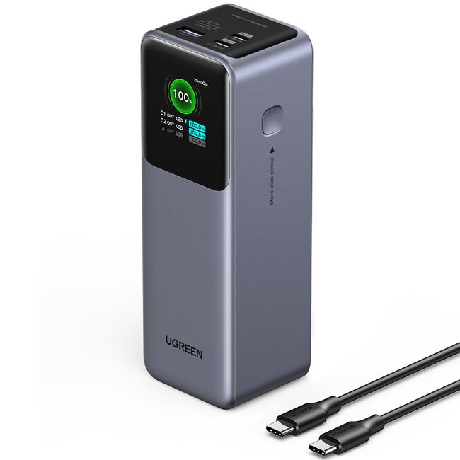 Baterie Externa cu Display Digital, 20000mAh, USB, 2x Type-C, 200W, QC, PD, 5V/3A - Ugreen PB722 (35525B) - Grey
