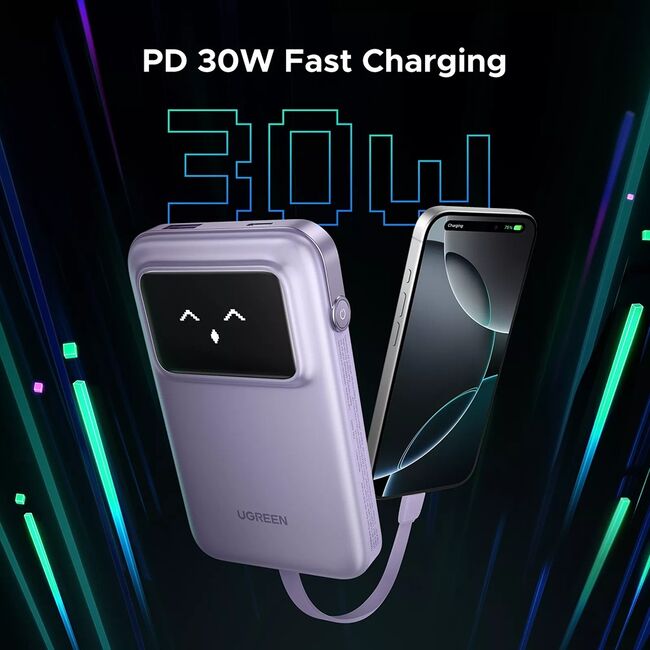 Baterie Externa pentru Telefon USB, Type-C, cu Cablu, 10000mAh, 30W - Ugreen PB511 (35604B) - Purple