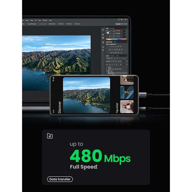 Cablu de Date, USB la Type-C, 3A, 18W, 480Mbps, Fast Charge, 2m - Ugreen US288 (60128) - Space Gray