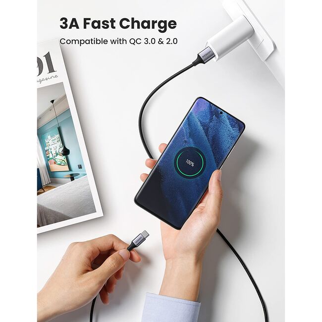 Cablu de Date, USB la Type-C, 3A, 18W, 480Mbps, Fast Charge, 2m - Ugreen US288 (60128) - Space Gray