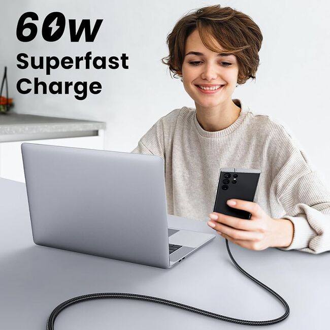Cablu de Date USB-C la USB-C, 3A, 60W, 2m - Ugreen US567 (15374) - Black Gray