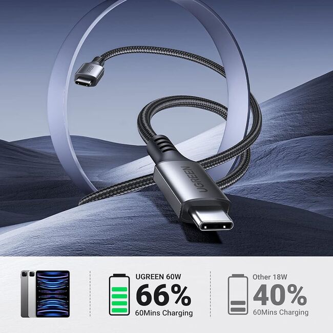 Cablu de Date USB-C la USB-C, 3A, 60W, 2m - Ugreen US567 (15374) - Black Gray