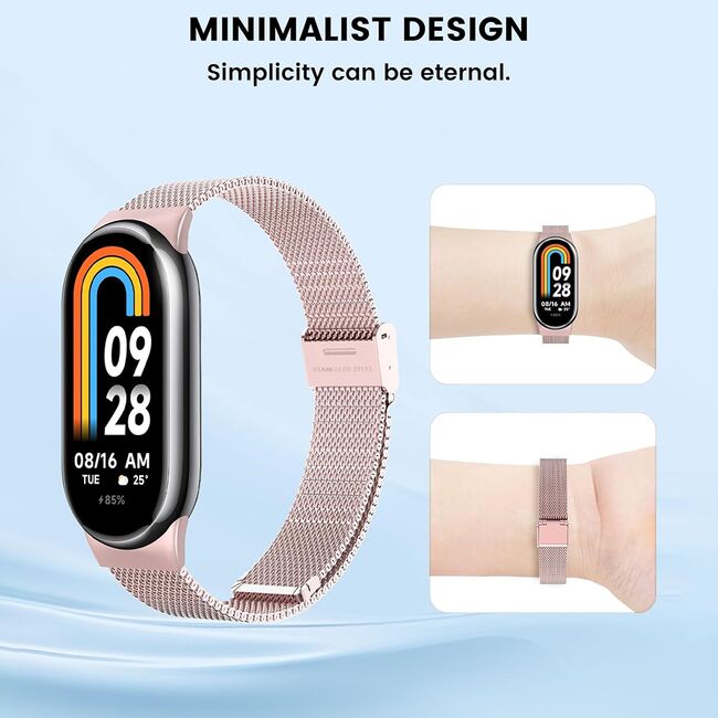 Curea pentru smartwatch Xiaomi Mi Band 8 / 8 NFC / 9 / 9 NFC - otel inoxidabil - latime 15mm Rose Gold