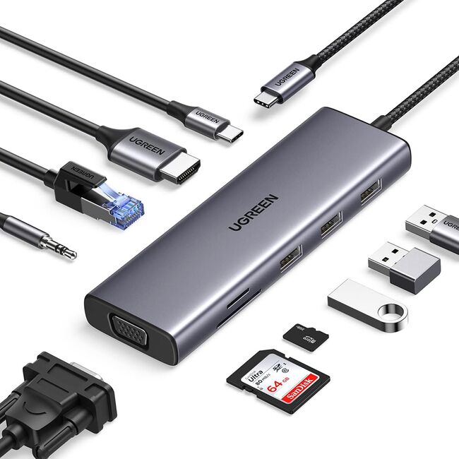 Hub USB-C la Type-C, 3x USB, HDMI, RJ45, Jack 3.5mm, VGA, TF, SD Card - Ugreen CM498 (15601) - Gray