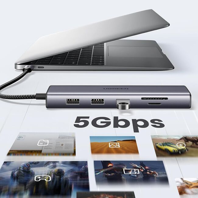 Hub USB-C la Type-C, 3x USB, HDMI, RJ45, Jack 3.5mm, VGA, TF, SD Card - Ugreen CM498 (15601) - Gray